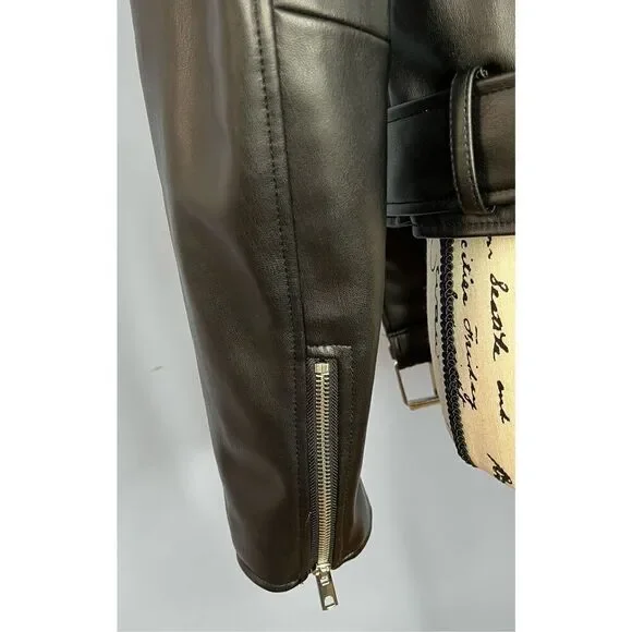 Zara US Medium Black Faux Leather Motorcycle Moto Jacket Pockets - Picture 8 of 13